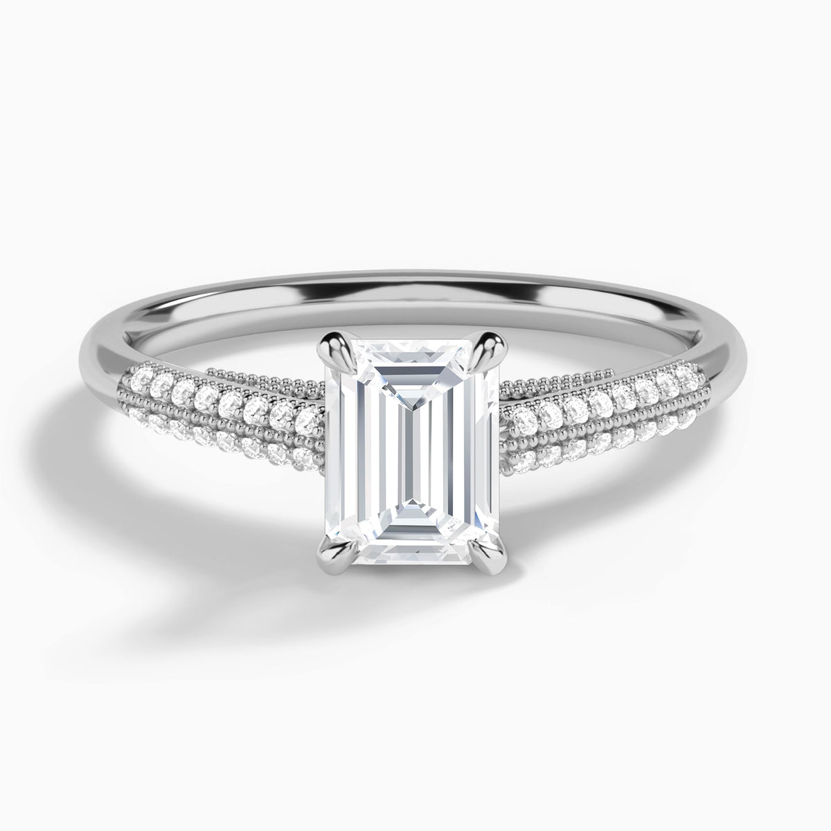 Emerald Knife Edge Cathedral Lab Diamond Engagement Ring In 14K White Gold - Lucenjuri