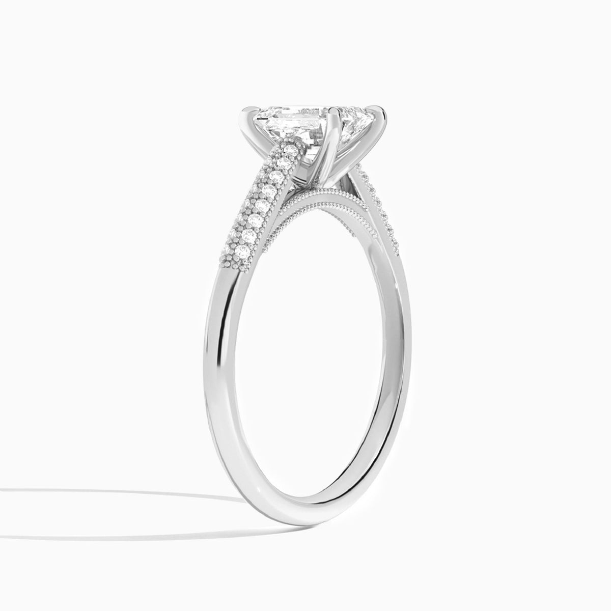 Emerald Knife Edge Cathedral Lab Diamond Engagement Ring In 18K White Gold, Angle View