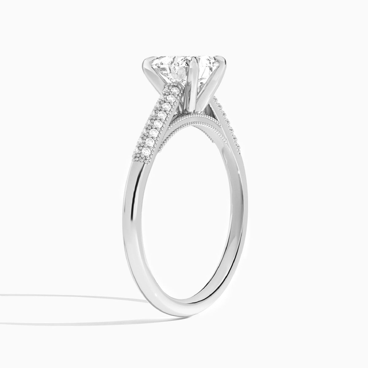 Heart Knife Edge Cathedral Lab Diamond Engagement Ring In 14K White Gold, Angle View