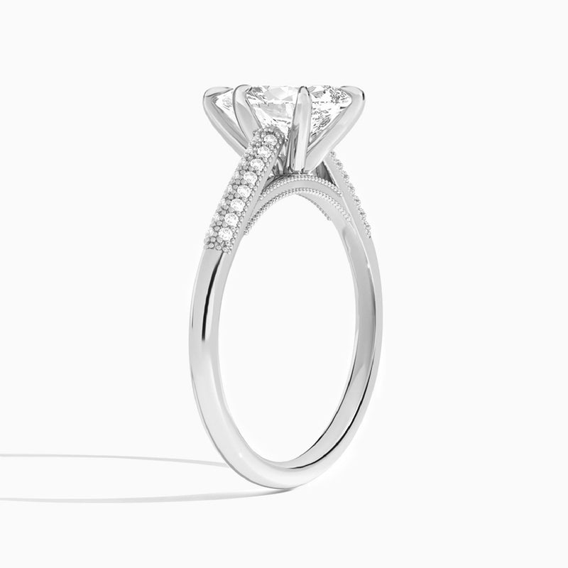 Pear Knife Edge Cathedral Lab Diamond Engagement Ring In 18K White Gold, Angle View