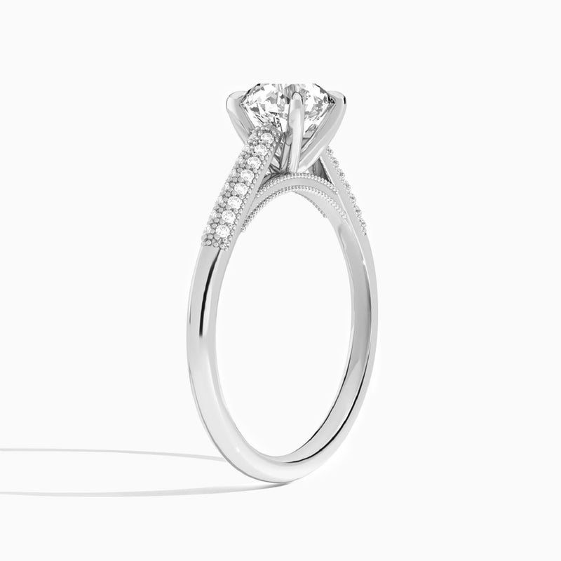 Round Knife Edge Cathedral Lab Diamond Engagement Ring In 14K White Gold, Angle View