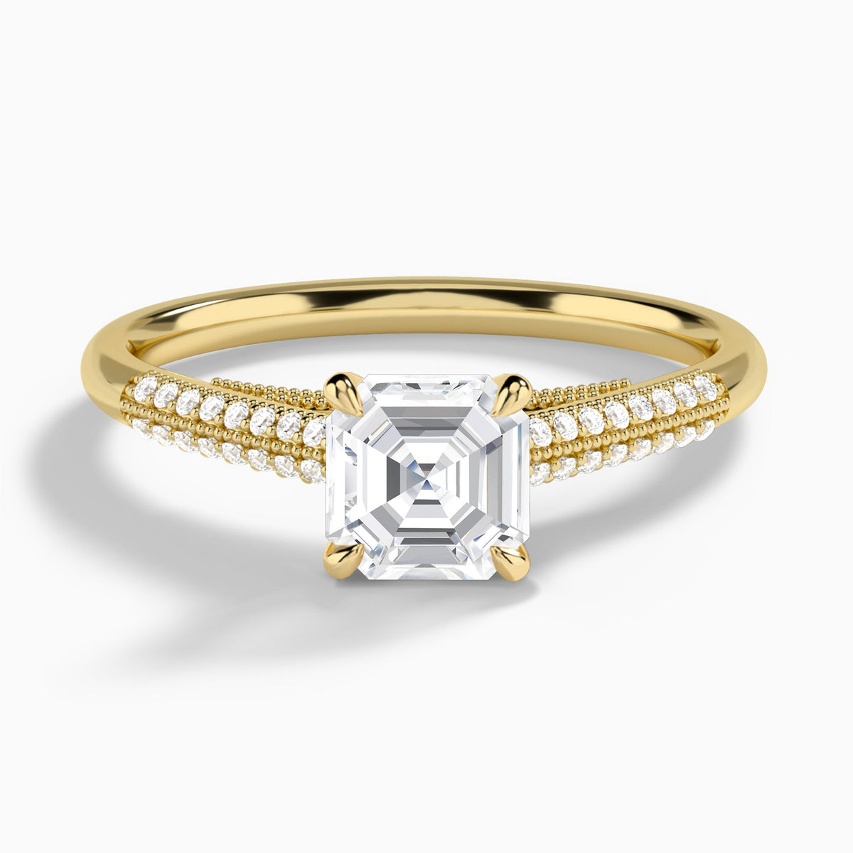 Asscher Knife Edge Cathedral Lab Diamond Engagement Ring In 18K Yellow Gold - Lucenjuri