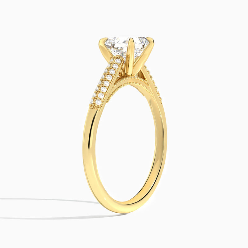 Asscher Knife Edge Cathedral Lab Diamond Engagement Ring In 14K Yellow Gold, Angle View