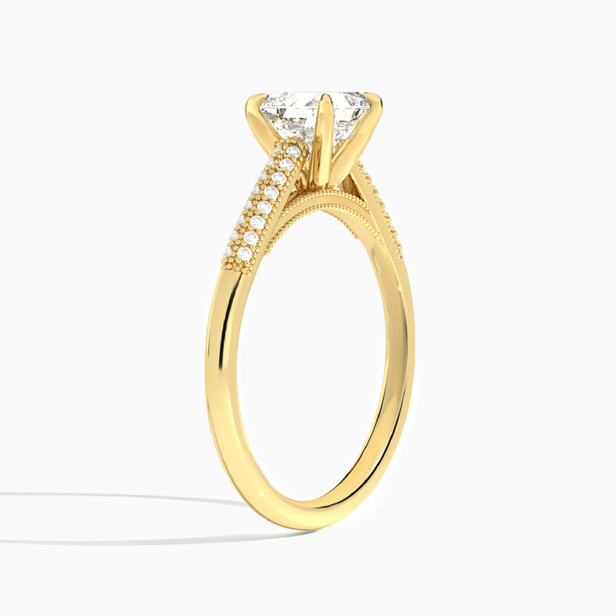 Asscher Knife Edge Cathedral Lab Diamond Engagement Ring In 14K Yellow Gold, Angle View