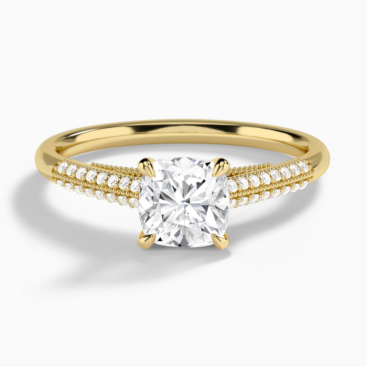 Cushion Knife Edge Cathedral Lab Diamond Engagement Ring In 14K Yellow Gold - Lucenjuri