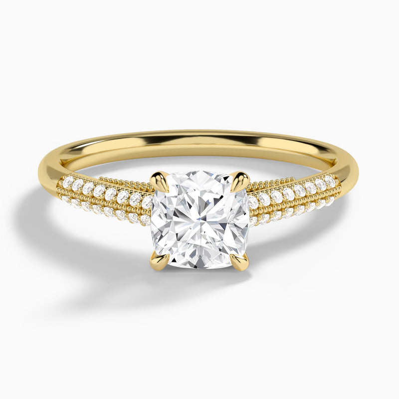 Cushion Knife Edge Cathedral Lab Diamond Engagement Ring In 18K Yellow Gold - Lucenjuri
