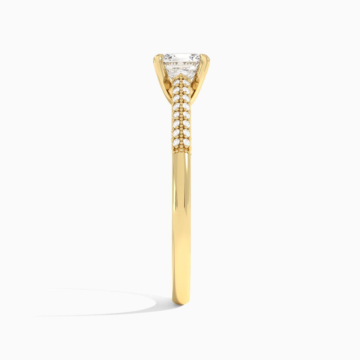 Cushion Knife Edge Cathedral Lab Diamond Engagement Ring In 18K Yellow Gold, Side View