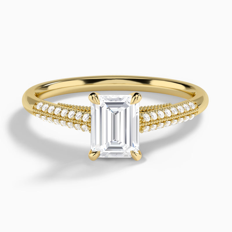 Emerald Knife Edge Cathedral Lab Diamond Engagement Ring In 14K Yellow Gold - Lucenjuri