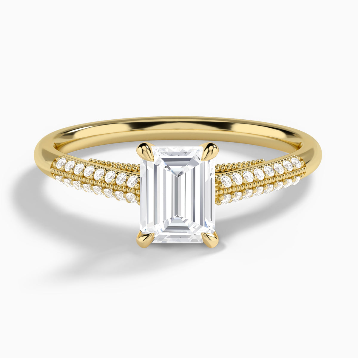 Emerald Knife Edge Cathedral Lab Diamond Engagement Ring In 14K Yellow Gold - Lucenjuri