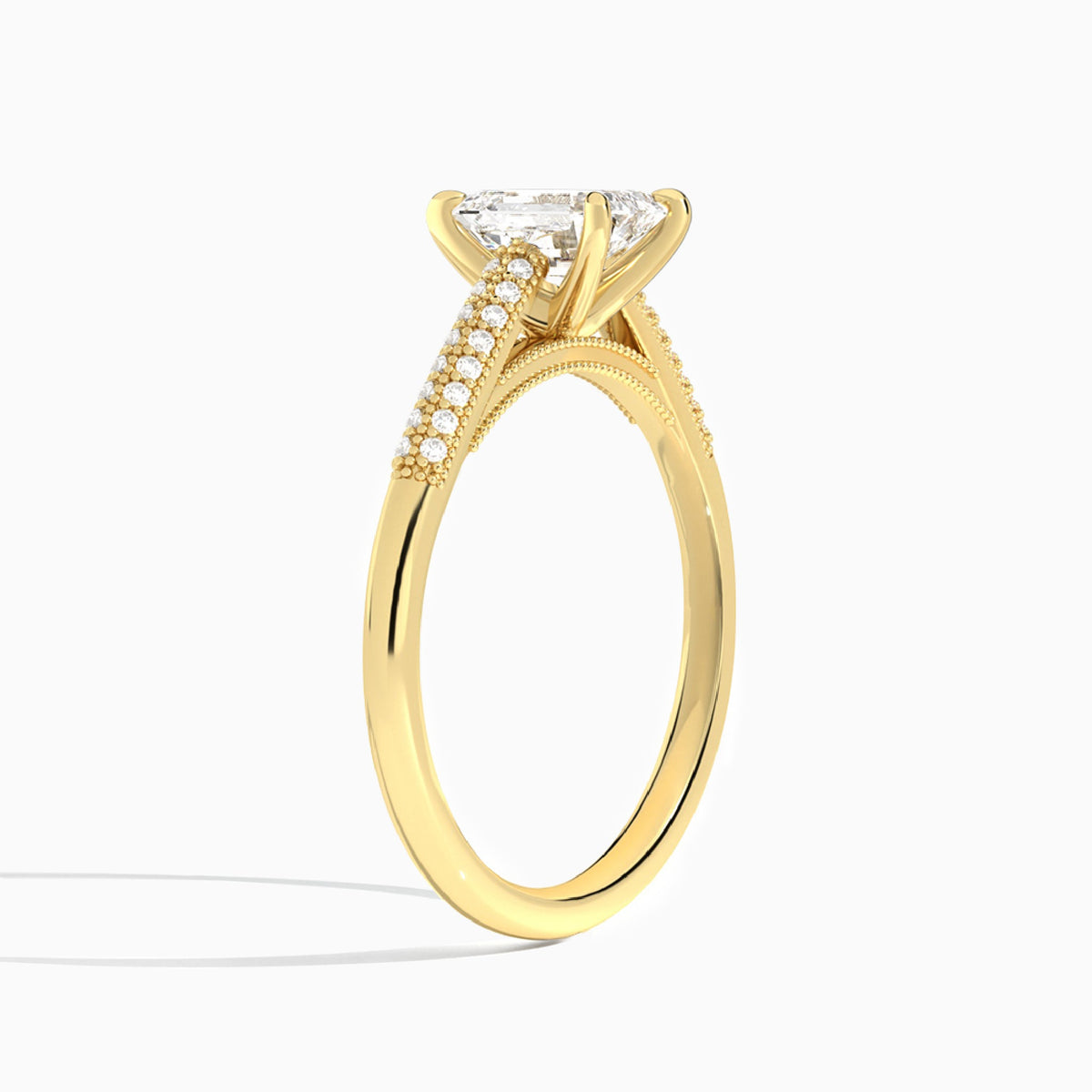 Emerald Knife Edge Cathedral Lab Diamond Engagement Ring In 18K Yellow Gold, Angle View