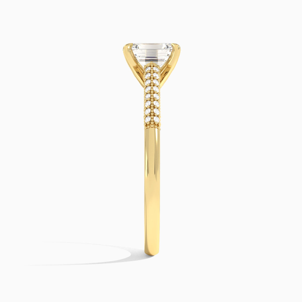 Emerald Knife Edge Cathedral Lab Diamond Engagement Ring In 14K Yellow Gold, Side View