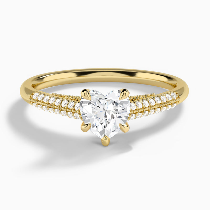 Heart Knife Edge Cathedral Lab Diamond Engagement Ring In 18K Yellow Gold - Lucenjuri