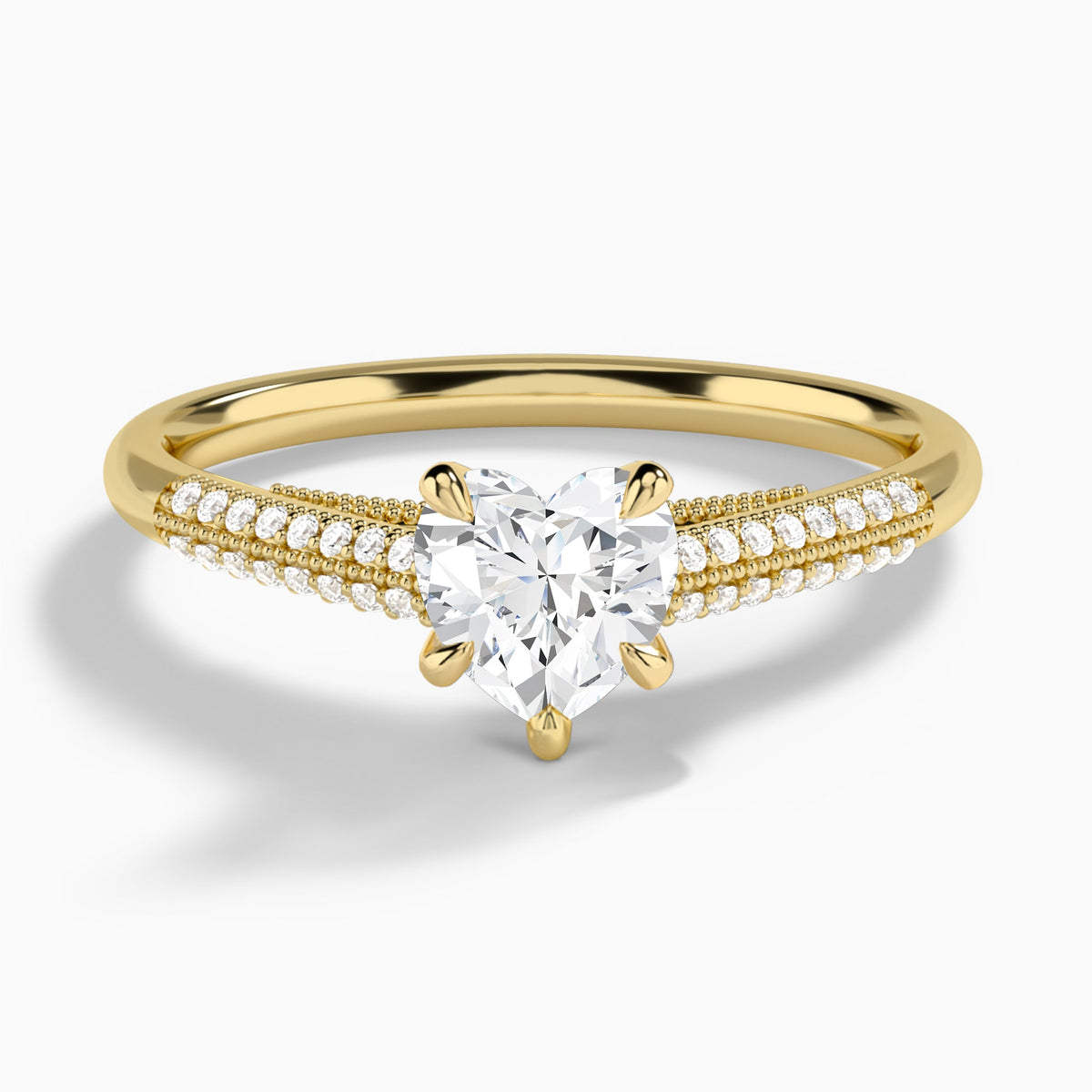 Heart Knife Edge Cathedral Lab Diamond Engagement Ring In 14K Yellow Gold - Lucenjuri