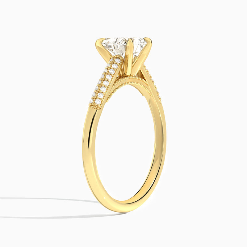 Heart Knife Edge Cathedral Lab Diamond Engagement Ring In 18K Yellow Gold, Angle View