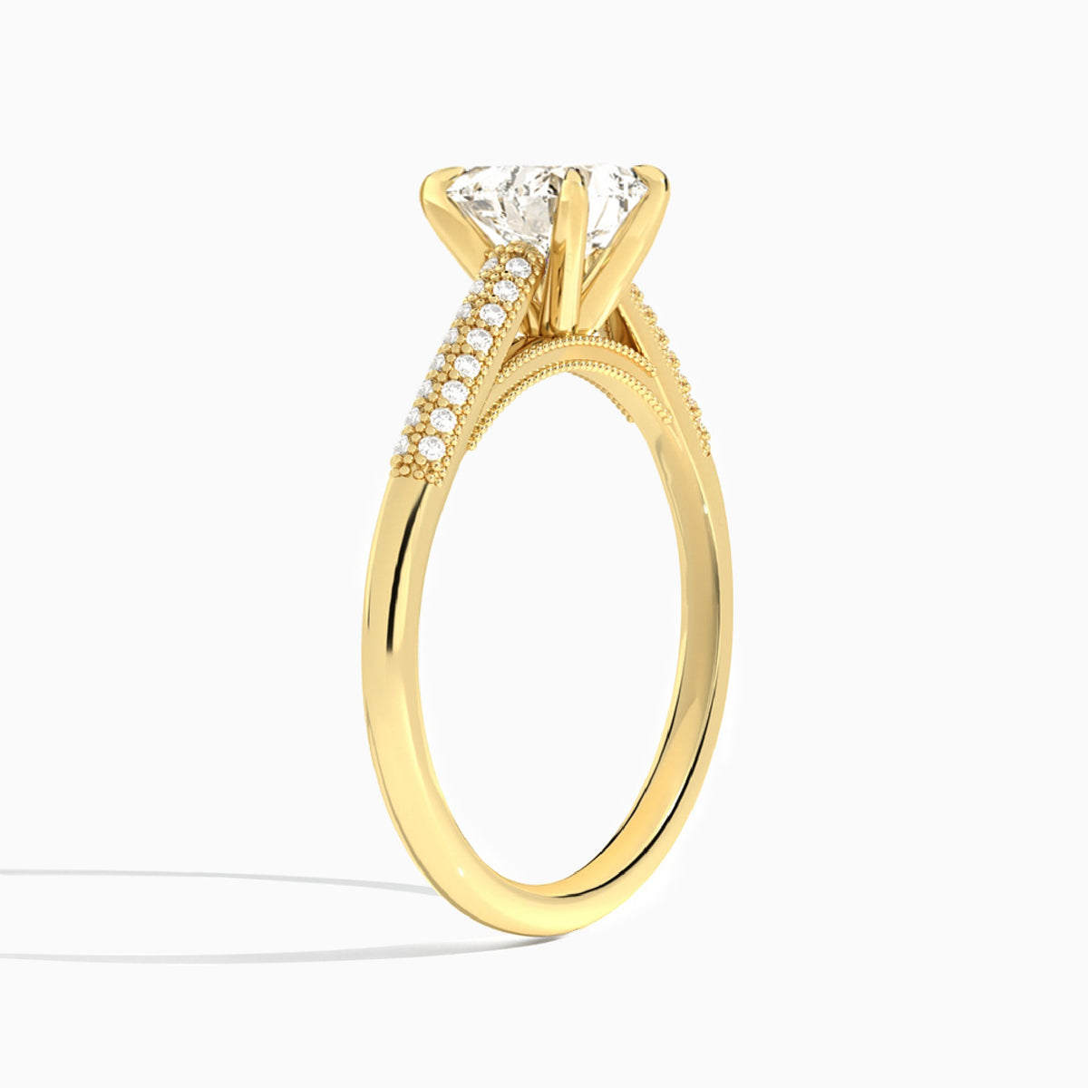 Heart Knife Edge Cathedral Lab Diamond Engagement Ring In 18K Yellow Gold, Angle View