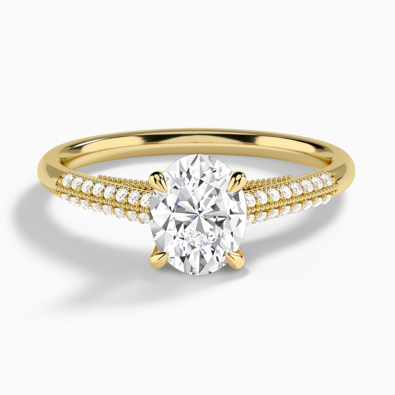 Oval Knife Edge Cathedral Lab Diamond Engagement Ring In 14K Yellow Gold - Lucenjuri