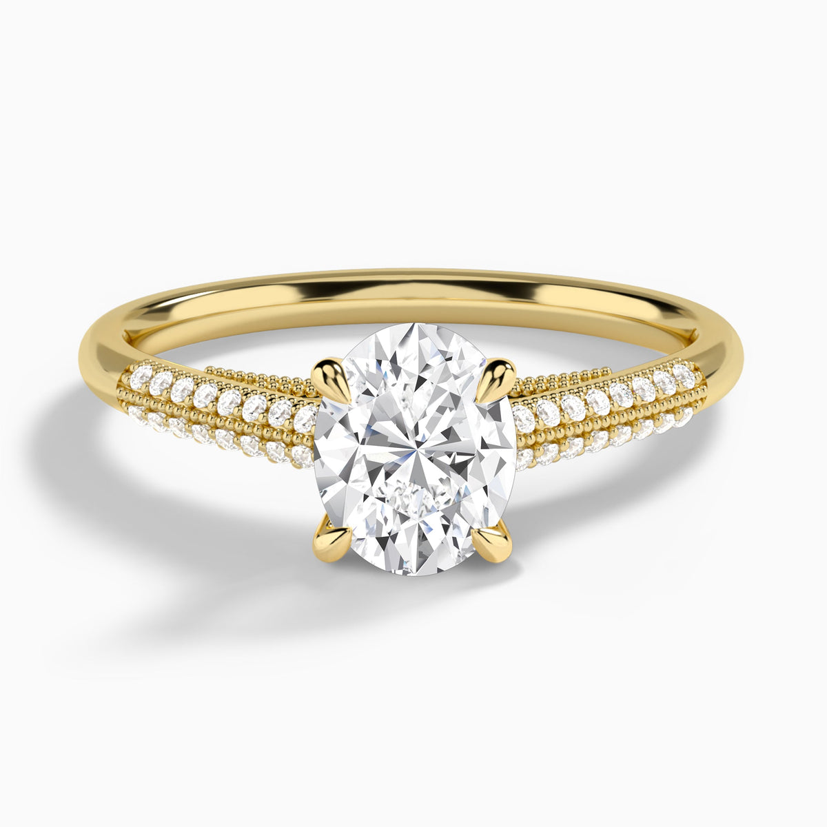 Oval Knife Edge Cathedral Lab Diamond Engagement Ring In 18K Yellow Gold - Lucenjuri