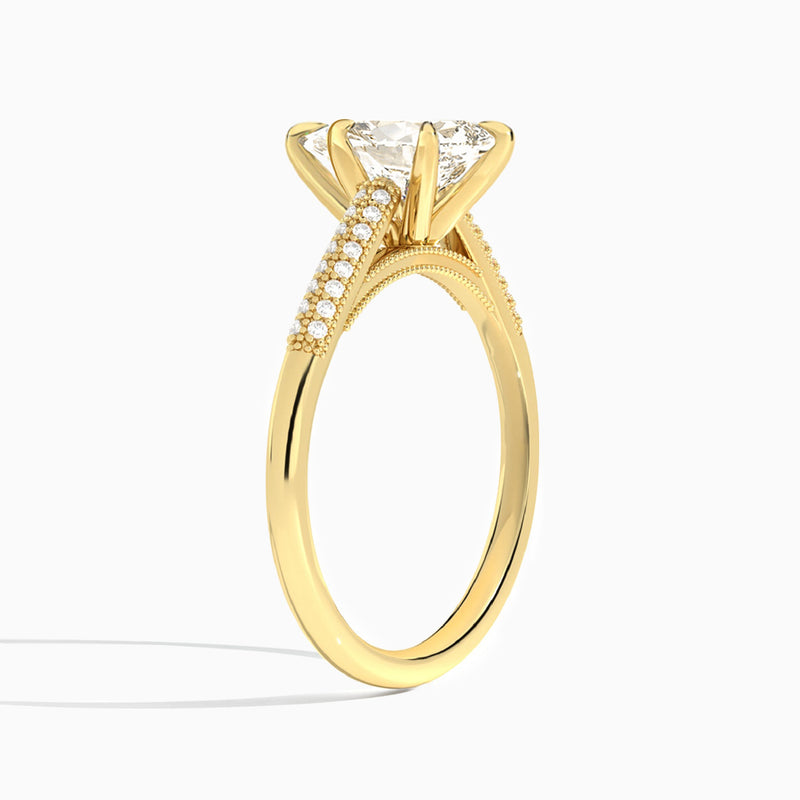 Pear Knife Edge Cathedral Lab Diamond Engagement Ring In 14K Yellow Gold, Angle View
