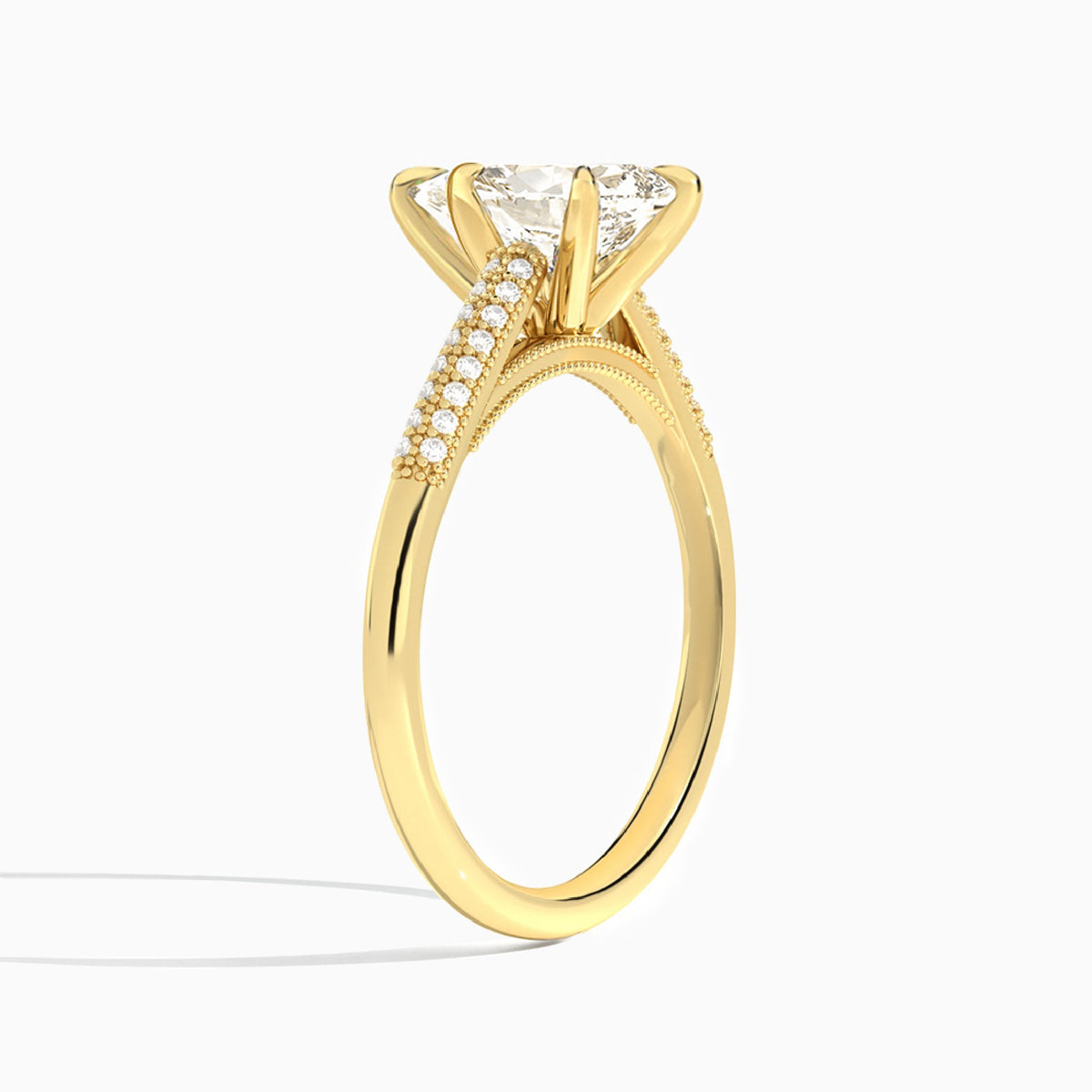 Pear Knife Edge Cathedral Lab Diamond Engagement Ring In 14K Yellow Gold, Angle View