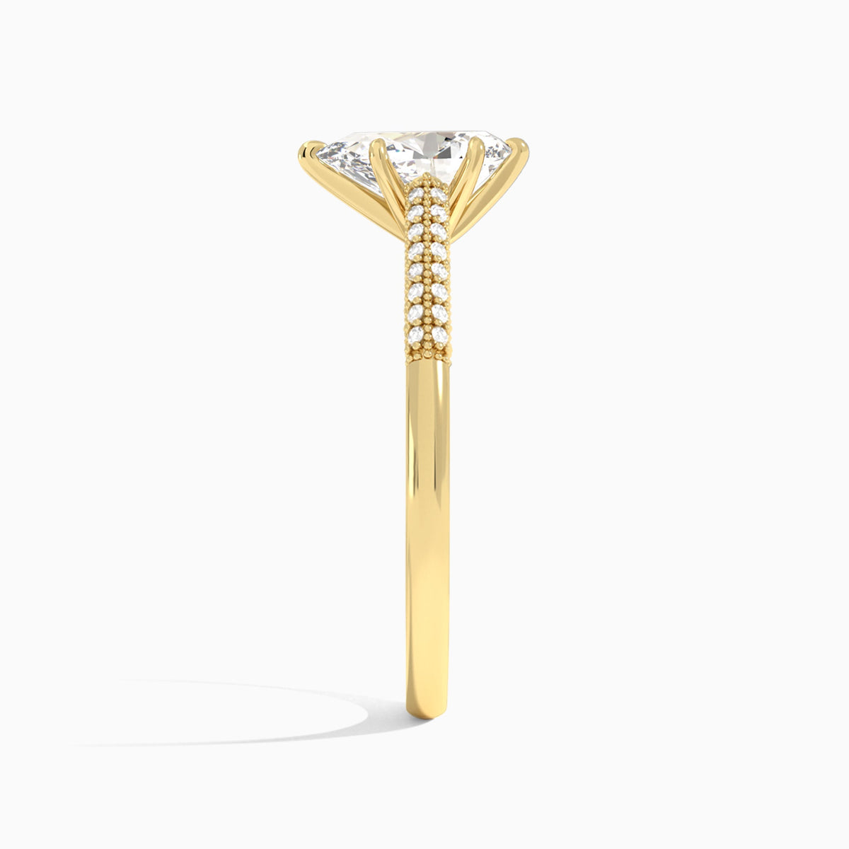 Pear Knife Edge Cathedral Lab Diamond Engagement Ring In 14K Yellow Gold, Side View