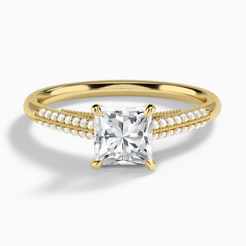 Princess Knife Edge Cathedral Lab Diamond Engagement Ring In 18K Yellow Gold - Lucenjuri