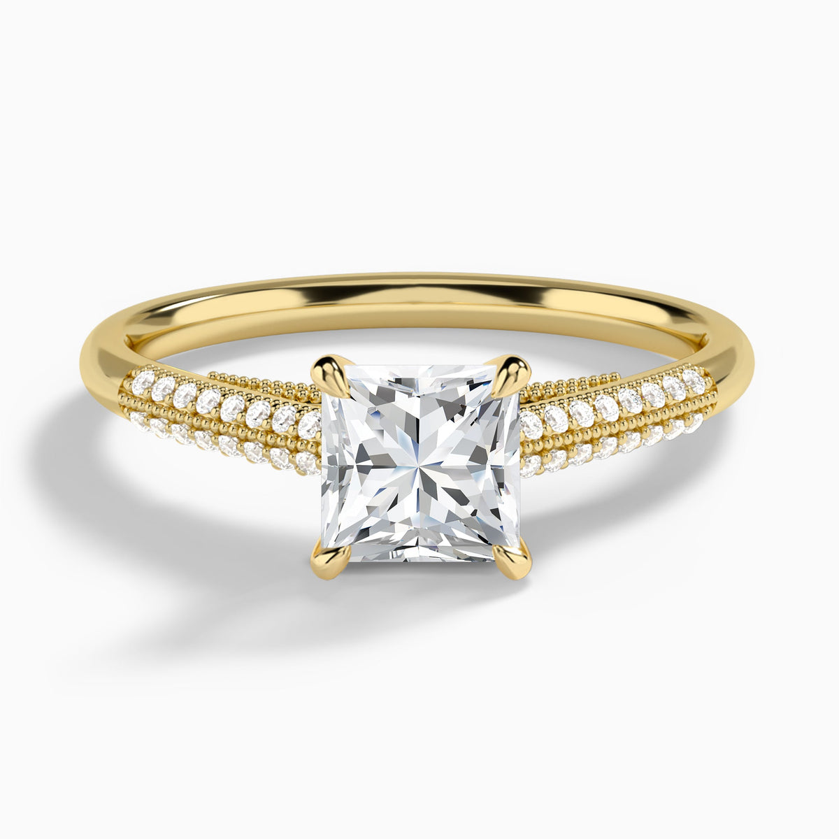 Princess Knife Edge Cathedral Lab Diamond Engagement Ring In 18K Yellow Gold - Lucenjuri