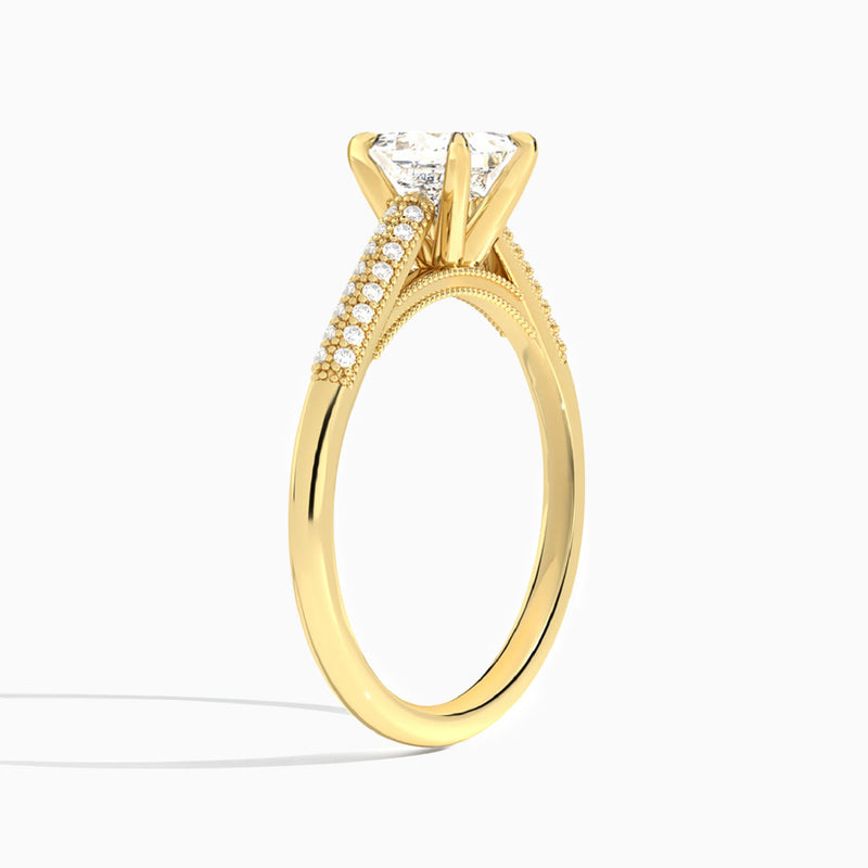 Princess Knife Edge Cathedral Lab Diamond Engagement Ring In 14K Yellow Gold, Angle View