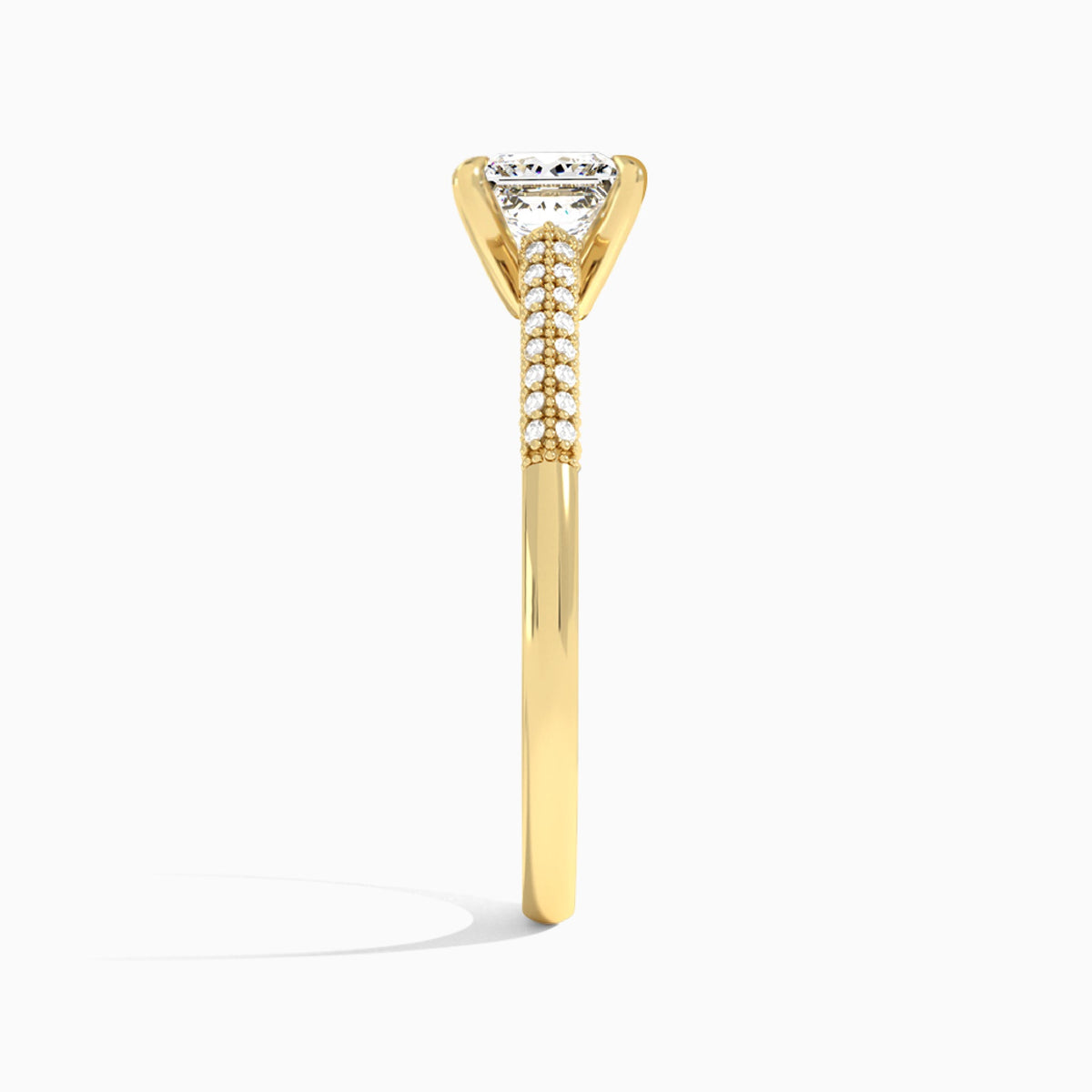 Princess Knife Edge Cathedral Lab Diamond Engagement Ring In 14K Yellow Gold, Side View