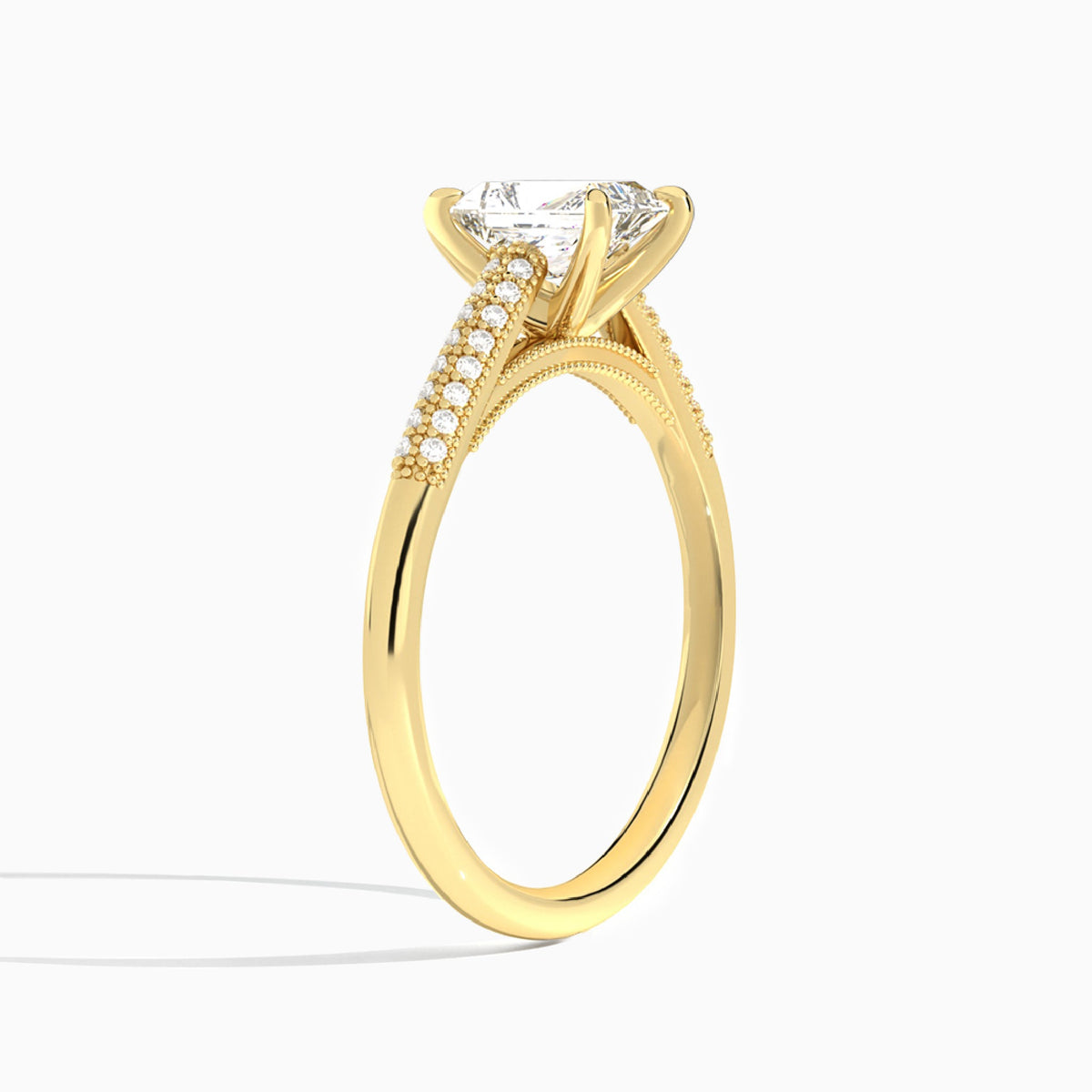 Radiant Knife Edge Cathedral Lab Diamond Engagement Ring In 18K Yellow Gold, Angle View