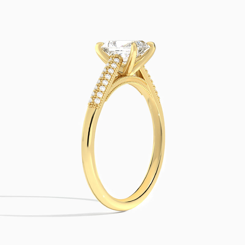 Radiant Knife Edge Cathedral Lab Diamond Engagement Ring In 14K Yellow Gold, Angle View