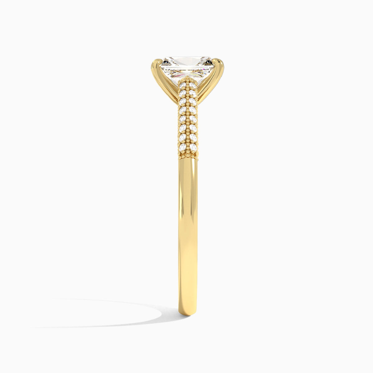 Radiant Knife Edge Cathedral Lab Diamond Engagement Ring In 18K Yellow Gold, Side View