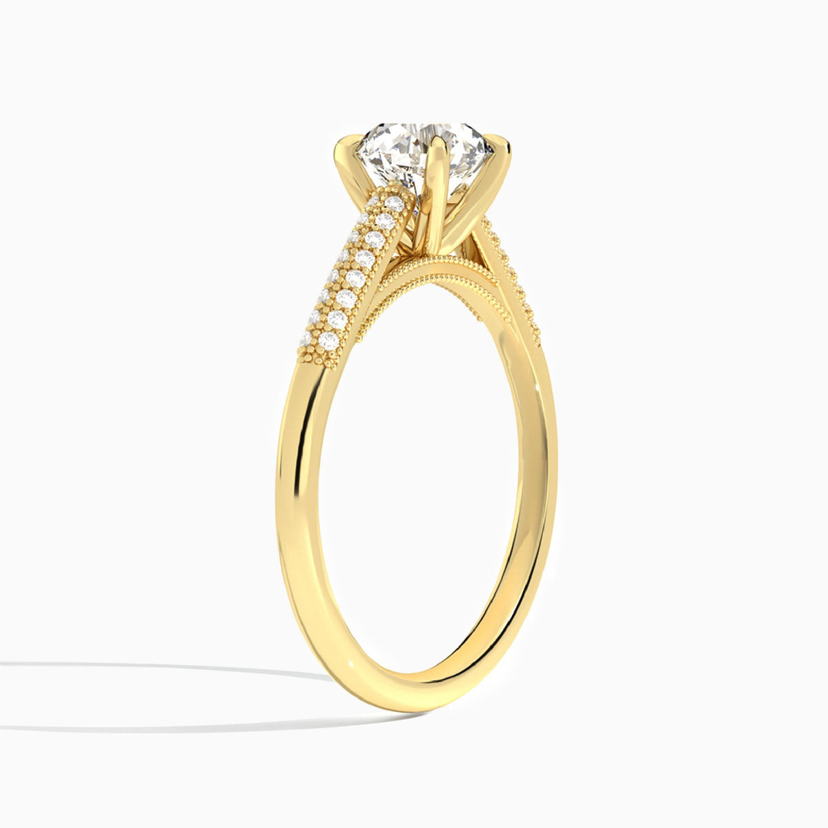 Round Knife Edge Cathedral Lab Diamond Engagement Ring In 18K Yellow Gold, Angle View