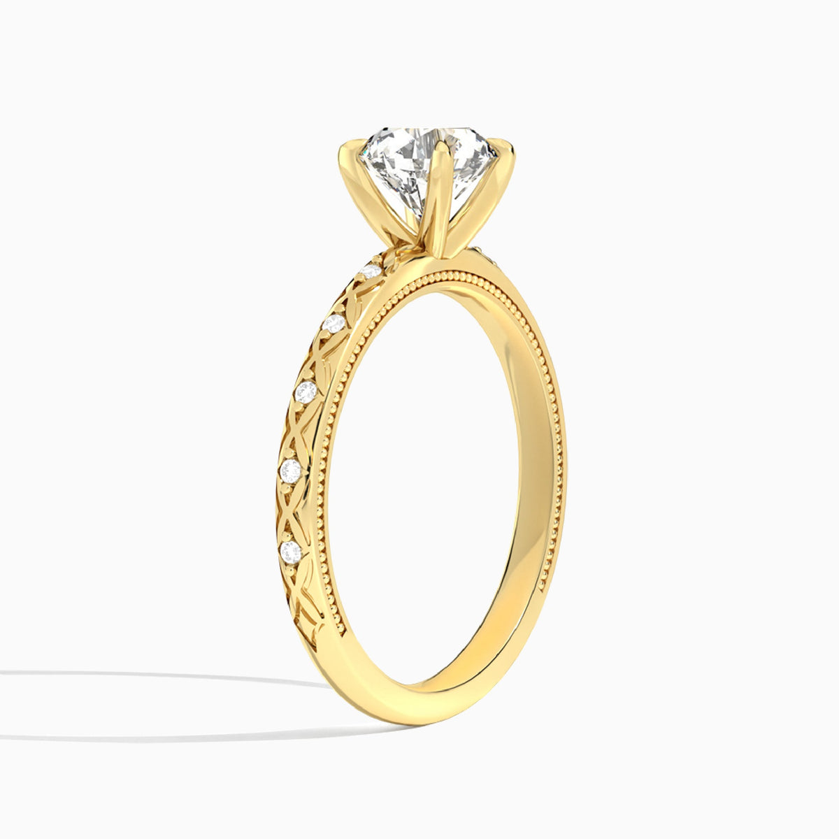 Round Elara Lab Grown Diamond Engagement Ring In 18K Yellow Gold, Angle View