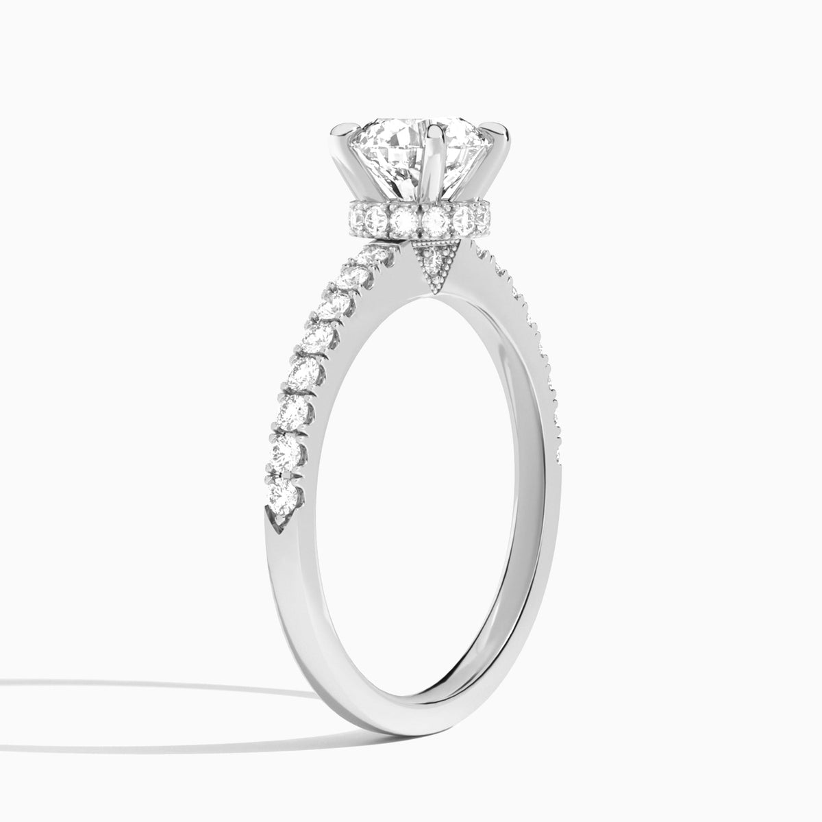 Round Nadia Lab Grown Diamond Engagement Ring In 18K White Gold, Angle View