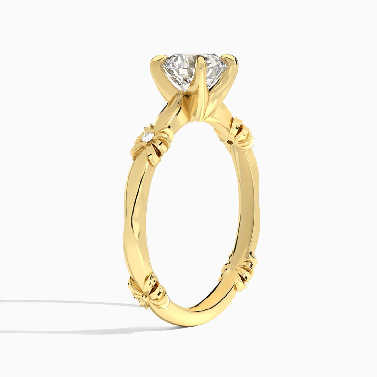 Round Catalina Ribbon Lab Diamond Engagement Ring In 14K Yellow Gold, Angle View