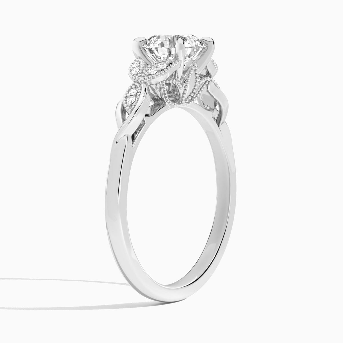 Round Lyra Lab Grown Diamond Engagement Ring In Platinum, Angle View