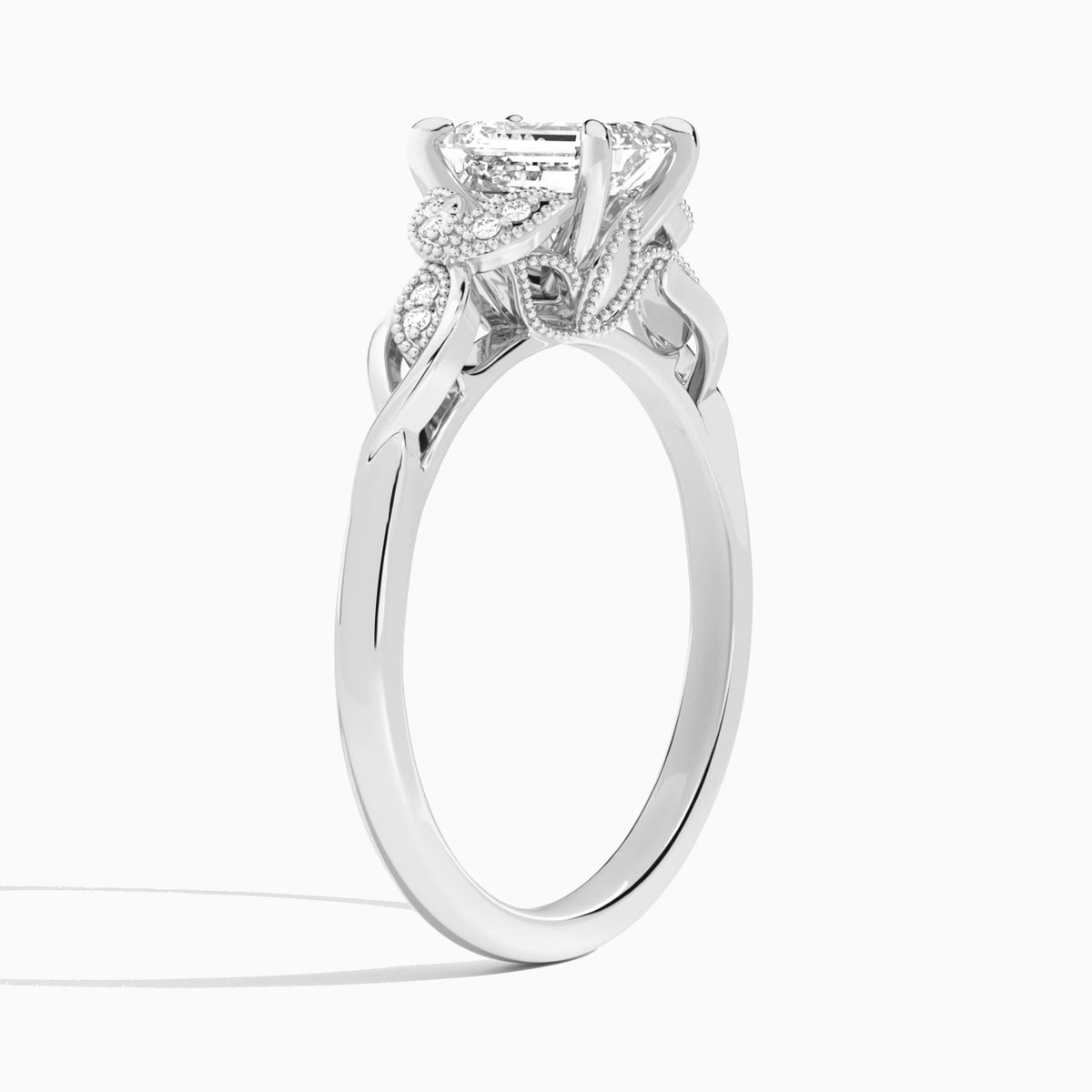Emerald Lyra Lab Grown Diamond Engagement Ring In 18K White Gold, Angle View