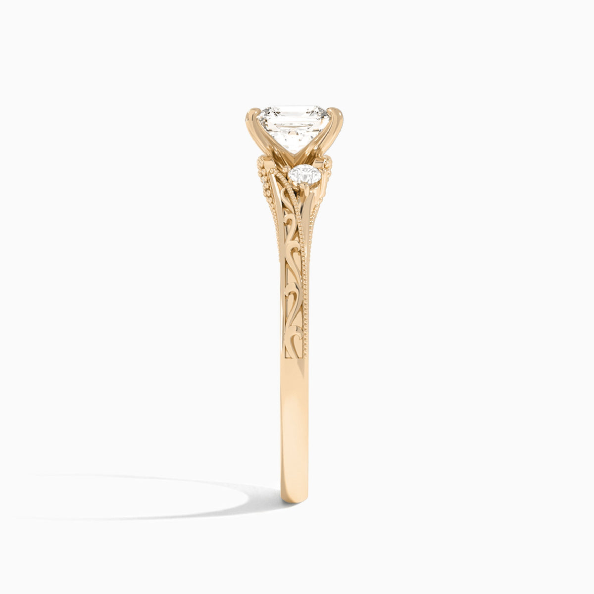 Asscher Capella Engraved Lab Diamond Engagement Ring In 14K Rose Gold, Side View