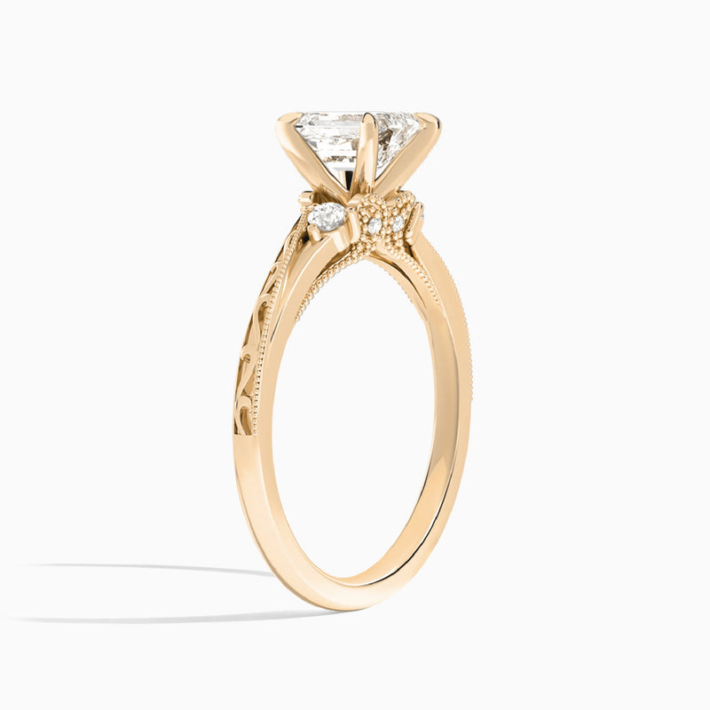 Emerald Capella Engraved Lab Diamond Engagement Ring In 14K Rose Gold, Angle View