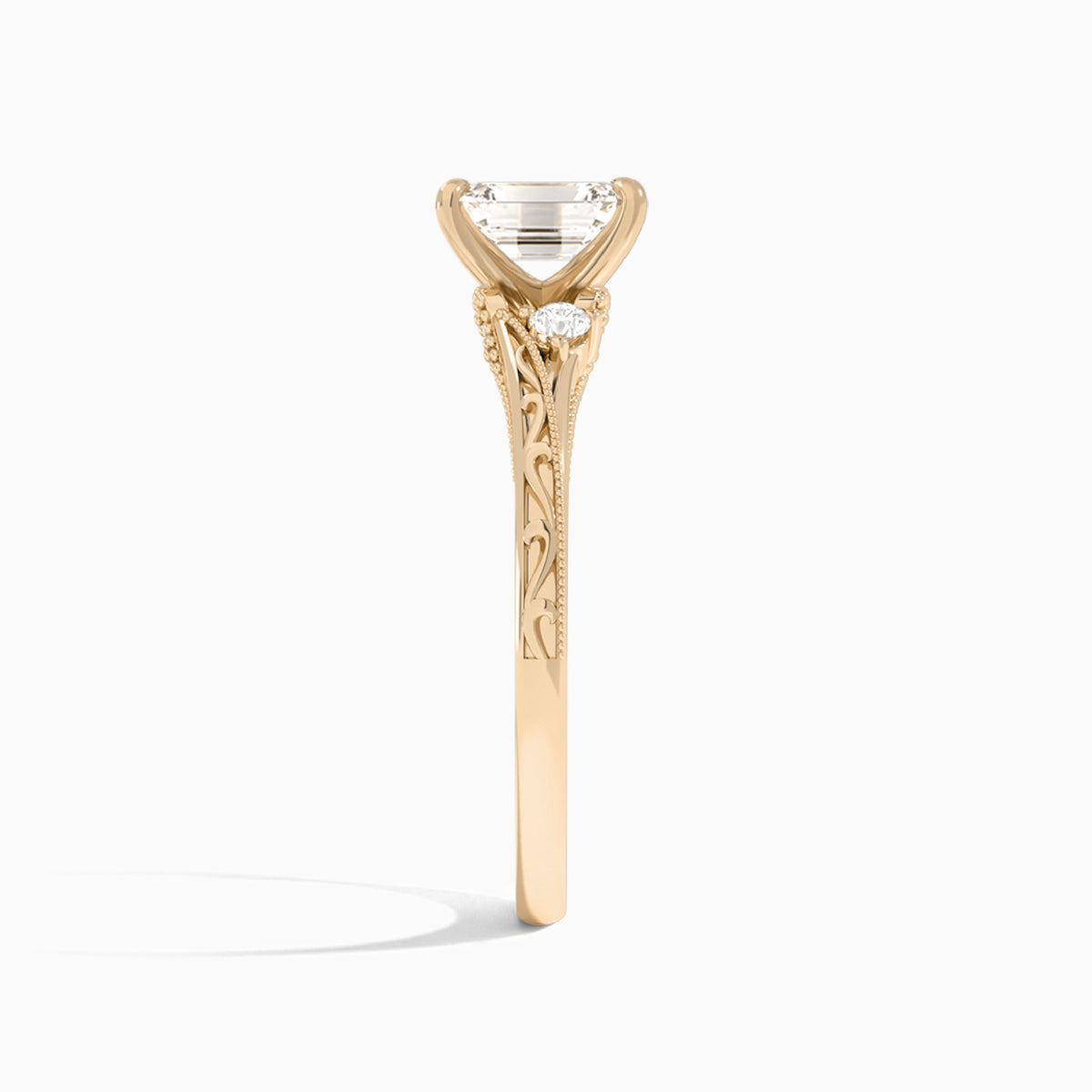 Emerald Capella Engraved Lab Diamond Engagement Ring In 14K Rose Gold, Side View