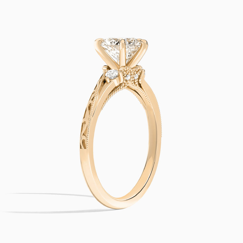 Heart Capella Engraved Lab Diamond Engagement Ring In 14K Rose Gold, Angle View