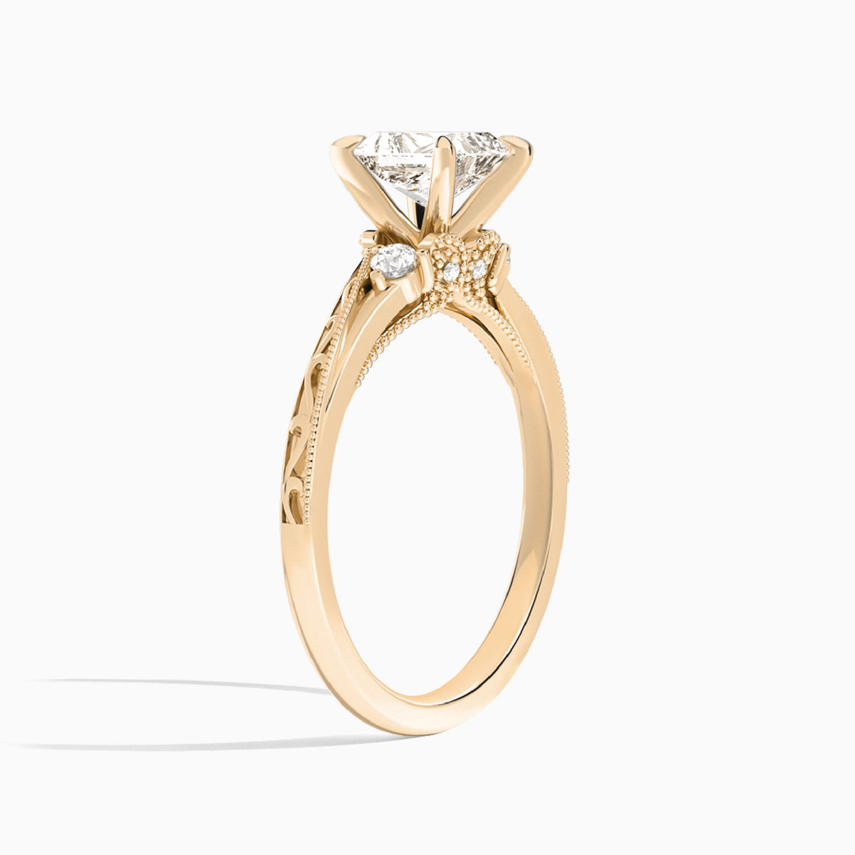 Radiant Capella Engraved Lab Diamond Engagement Ring In 14K Rose Gold, Angle View