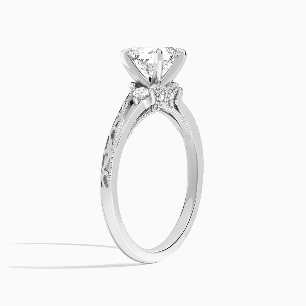 Asscher Capella Engraved Lab Diamond Engagement Ring In 14K White Gold, Angle View