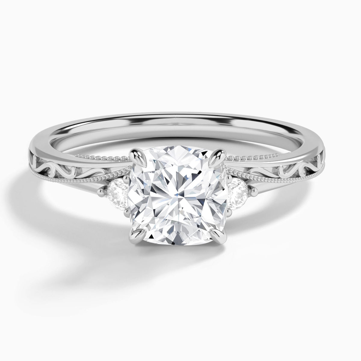 Cushion Capella Engraved Lab Diamond Engagement Ring In 18K White Gold - Lucenjuri
