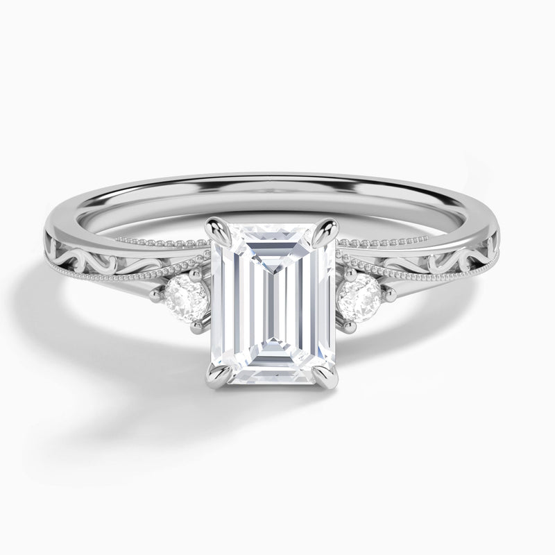 Emerald Capella Engraved Lab Diamond Engagement Ring In 18K White Gold - Lucenjuri