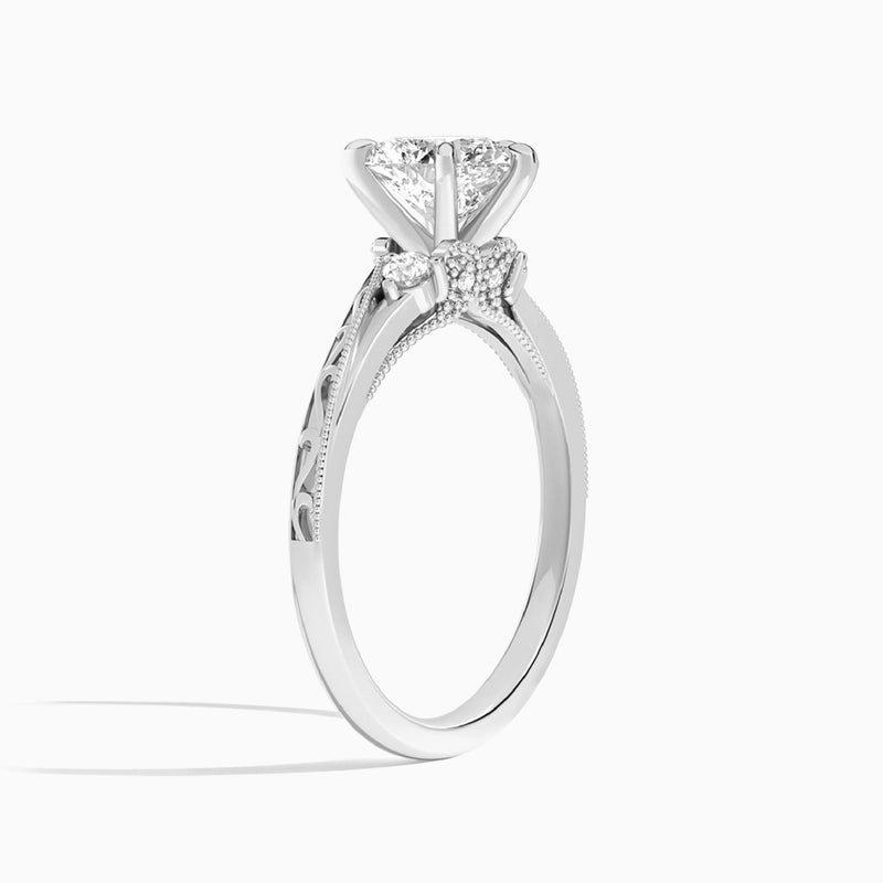 Heart Capella Engraved Lab Diamond Engagement Ring In 18K White Gold, Angle View