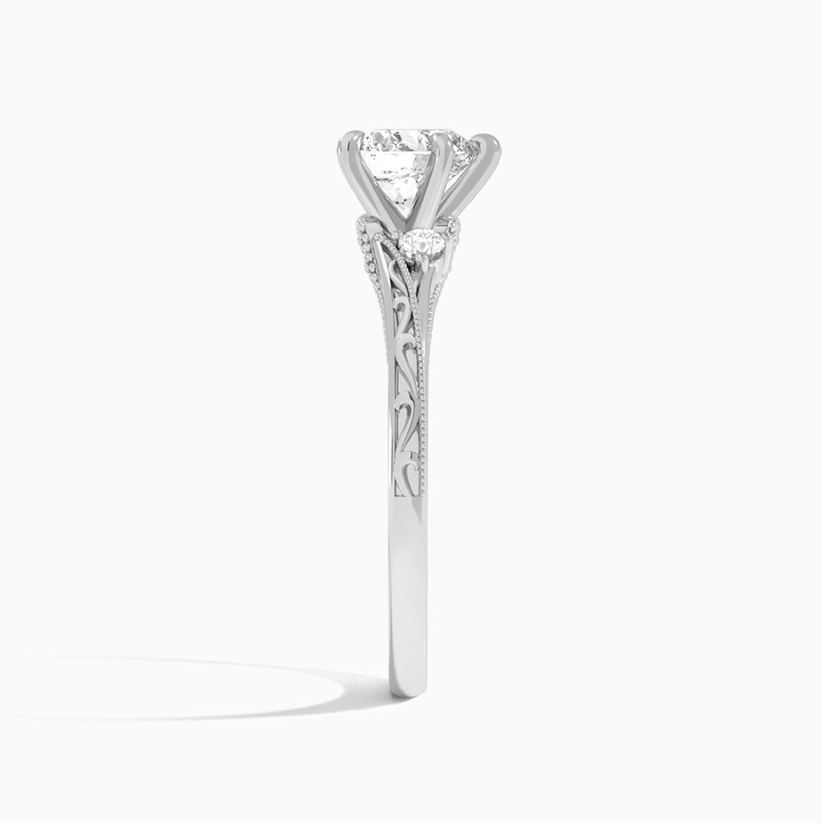 Heart Capella Engraved Lab Diamond Engagement Ring In 14K White Gold, Side View