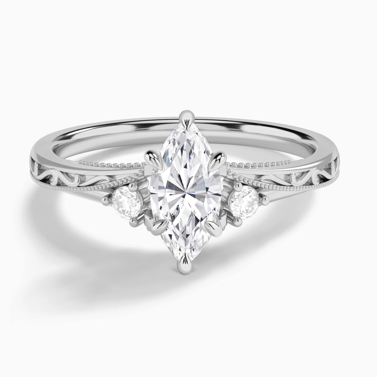 Marquise Capella Engraved Lab Diamond Engagement Ring In 18K White Gold - Lucenjuri