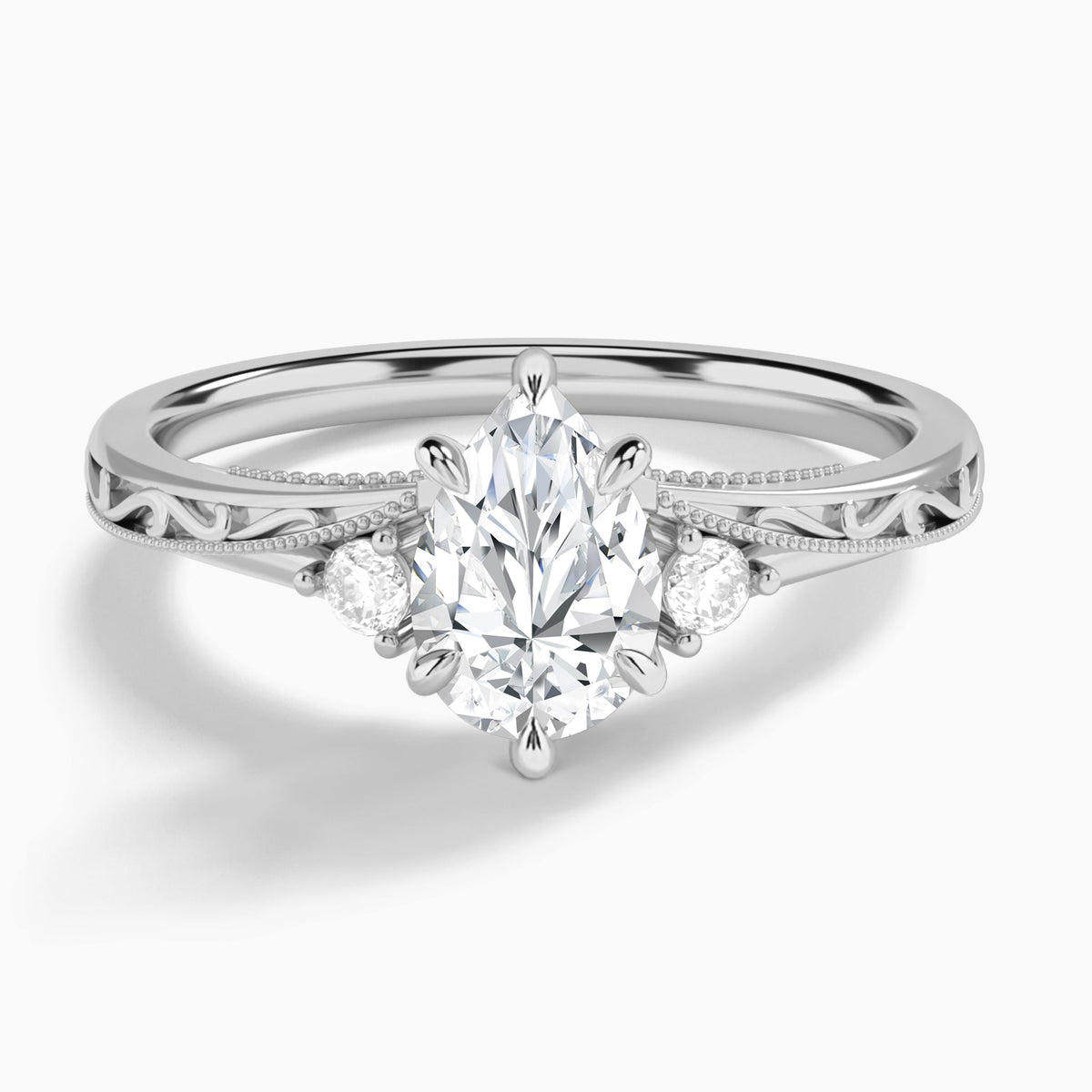 Pear Capella Engraved Lab Diamond Engagement Ring In 14K White Gold - Lucenjuri