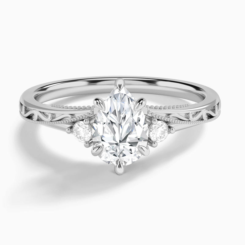 Pear Capella Engraved Lab Diamond Engagement Ring In 18K White Gold - Lucenjuri